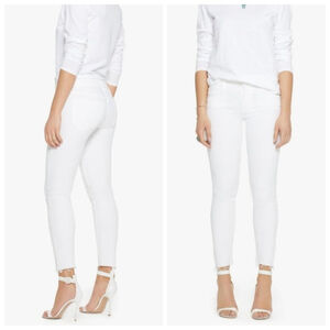 Mother Skinny Looker Ankle Fray White Jeans Glass Slipper Crop Cropped Frayed 25